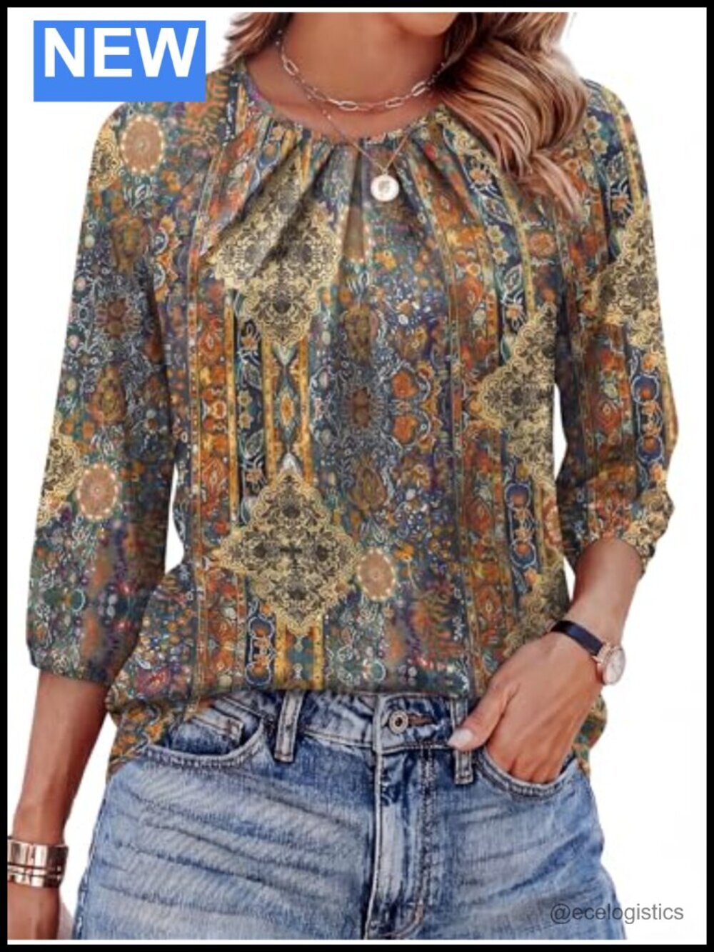 3/4 Length Sleeve Pleated Front Crew Neck Blouse Dressy Casual Business Spring
